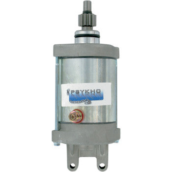 A cylindrical Yamaha Starter Motor by Psykho with a gear shaft on top, electrical connector at the base, and two mounting brackets. This OEM replacement is ideal for applications needing new—not remanufactured—starter motors.