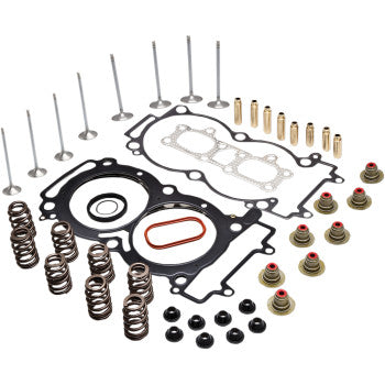 The Cylinder Head Service Kit by Kibblewhite includes gaskets, valves, racing valve spring kits, high-performance valve guides, seals, and small components—all neatly arranged on a white background.