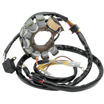Circular metal stator with multiple copper coils and attached black wiring harness with connectors.