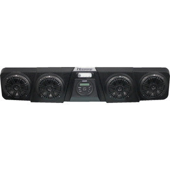 Black rectangular offroad stereo system with four round speakers and central digital control panel.