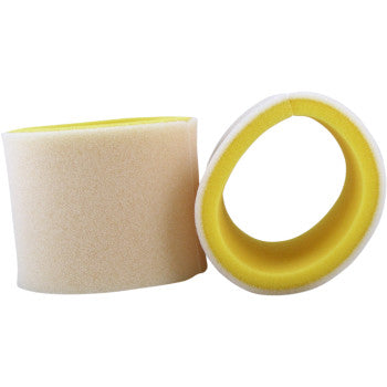 Two OEM-size Kawasaki Foam Air Filters by No Toil, featuring beige exteriors and yellow interiors—one upright, one on its side—provide superior air filtration performance against a white background.