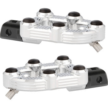 Two chrome Arlen Ness MX Footpegs for drivers are shown side by side on a white background. Crafted from billet aluminum, these sleek, industrial footpegs feature black accents and multiple round black knobs for added grip.