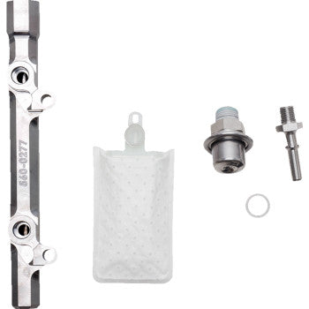 The Kawasaki Fuel Rail Kit by S&S Cycle is displayed on a white background, featuring a billet aluminum fuel rail, white fuel filter bag, metal fitting, bolt, and washer.