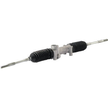 The Steering Rack by Moose Offroad features a silver metal body with black rubber boots and metal tie-rod ends extending from both sides, displayed isolated on a white background.