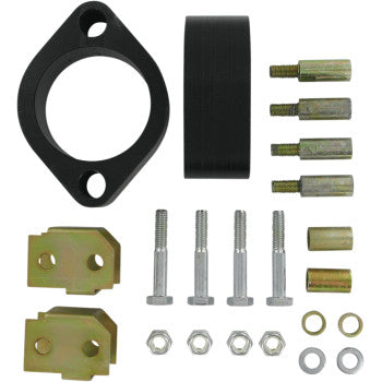 The Lift Kit Front Back 2.00 by High Lifter features bolts, nuts, washers, metal brackets, spacers, and a black circular component—ideal hardware for ATV lift kit installations and all arranged neatly on a white background.