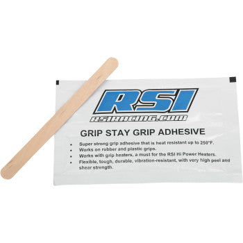 A wooden stick rests on a packet labeled Hi Temp Grip Adhesive Kit 0.15 U.S. fl oz. by Race Shop Inc., featuring the blue RSI logo—perfect for rubber or plastic grips and grip heaters needing heat resistant adhesive.
