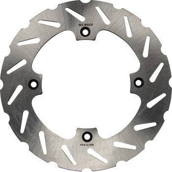 Silver metallic circular brake rotor with wave-patterned edges and evenly spaced ventilation slots.