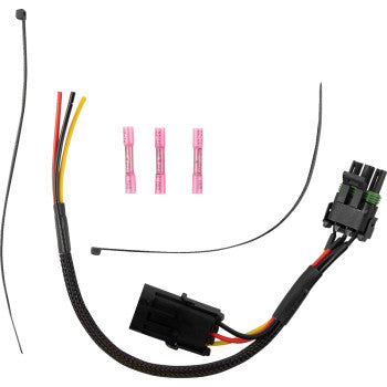 The Can-Am Maverick X3 Power Adapter by Moose Offroad features Plug-n-Play installation, two black zip ties, three pink heat shrink butt connectors, and a bundled OE taillight harness with black, red, and yellow brake tail wires.