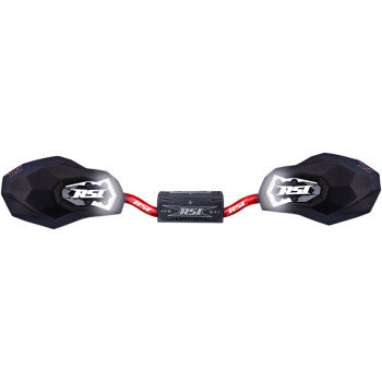 The LED lighted Stonewall Hand Guards by Race Shop Inc. feature black and red flexible guards with RSL logos, connected by a red bar with a central mounting block for added durability and weather protection.