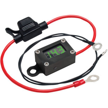 The Onboard Diagnostic Voleter Tool by Jims features a green LED display showing 14.3, red and black wires with ring terminals, and an inline fuse holder—perfect for detecting battery or charging system issues.