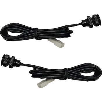 Two coiled black cables for LED Boltz Lights Red Polished by Custom Dynamics feature cylindrical connectors on one end and rectangular connectors on the other, displayed side by side on a white background.