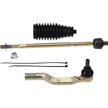 The Tie Rod End Kit Right Hand by Moose Offroad includes heavy-duty replacements for automotive steering: tie-rod ends, a ball joint, rubber boot, two cable ties, and a nut—displayed separately on a white background.