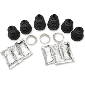 The CV Boot Fast Boot X Fast Boot II Combo 6 Pack by Moose Offroad includes six black rubber axle boots, three silver metal clamps, and three grease packets—perfect for off-road vehicles and extended suspension axles.