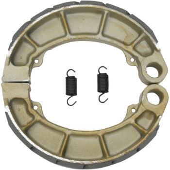 A pair of Brake Shoes by Ebc, made from die-cast aluminum with grey brake lining, and two black tension springs are displayed on a plain white background.