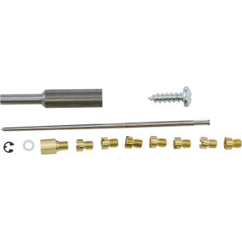 The Honda Jet Kit Stage 2 by Dynojet includes an adjustable metal shaft, screw, thin rod, small washer, black clip, cylindrical piece, and brass fittings in a row—perfect for Stage 2 power upgrades.