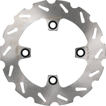 The Kawasaki - Suzuki Brake Rotor by All Balls is a silver, round stainless steel disc with a wavy edge and four mounting holes, designed for enhanced cooling efficiency, shown from above on a white background.