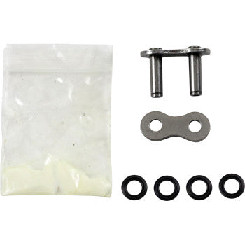 The 520 X1R Replacement Master Link Rivet by JT Chains includes a chain connector, grease packet, metal plate, and four black O-rings on a white background—ideal for quick motorcycle master link repairs.