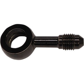 The Banjo Fitting 7/16" AN3 180° Black by Magnum Shielding features a circular end and threaded tip, is compatible with AN-3 fittings, and is shown against a white background.