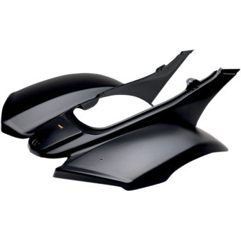 The Rear Fender Black Kawasaki KFX by Maier, shown at an angle, features smooth aerodynamic lines, a central seat opening, and is made from high-density polyethylene for durability and seamless fit with Maier bodywork.