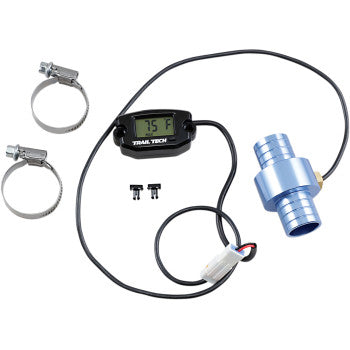 Black digital temperature meter with rectangular screen, connected to blue anodized aluminum sensor fitting and wiring,.