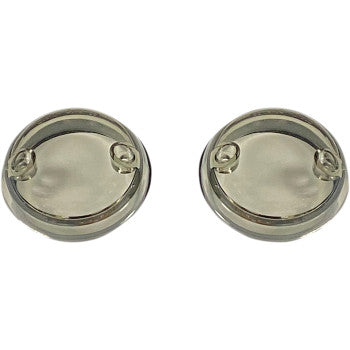 Two round, transparent glass buttons with small sewing loops are shown side by side against a white background, evoking the smoked clarity of ProBEAM® Lens - Smoke by Custom Dynamics.