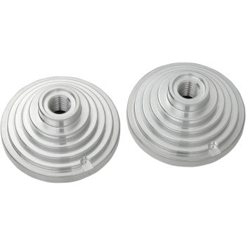Two Cool Domes 19 cc Race Gas Version for Yamaha Banshee YFZ 350 by Pro Design, featuring silver concentric grooves and a central threaded hole for increased torque, are displayed side by side on a white background.