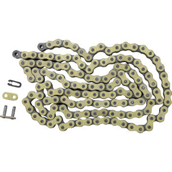 The 428 R1 Works Chain by Renthal, gold and silver with 140 links, is displayed in a loose coil alongside its master link and two connecting pins on a white background.