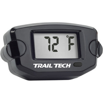 The Universal Temperature Meter Surface Mount Black 10 mm by Trail Tech features an LCD display and shows a temperature reading of 72°F on its screen.
