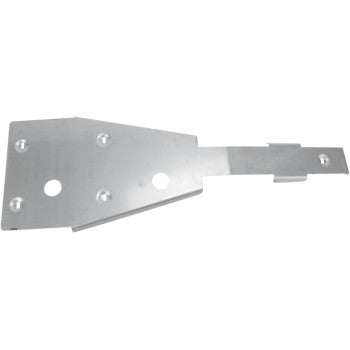 The Yamaha YFZ Skid Plate by Motorsport Products is a flat, irregularly shaped aluminum plate with multiple holes and cutouts, designed for mounting or support in equipment, offering crucial engine protection.