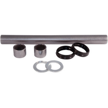 The Swingarm Repair Kit by Epi includes a metal rod, two cylindrical needle bearings, two black circular seals, and two flat washers—perfect for precise OEM-quality replacements.