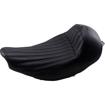 The Indian Knuckle Solo Seat - Black by Saddlemen features ribbed leather, a slightly raised backrest, and an ergonomic design for comfort—a stylish low-profile seat ideal for custom motorcycle builds.