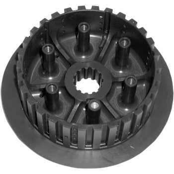 Black metal clutch hub pressure plate with six evenly spaced mounting posts and inner gear teeth.