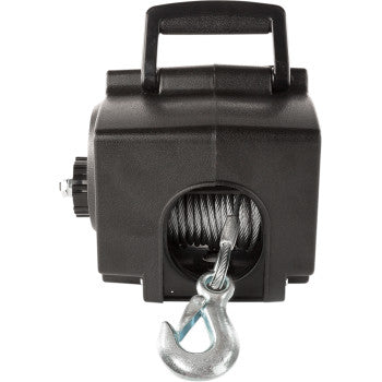 The 2500 lb Portable Electric Winch by Kimpex features a black finish, heavy-duty steel cable on the spool, a large metal hook at the end, and a top handle for carrying, shown from the front view.