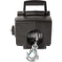 The 2500 lb Portable Electric Winch by Kimpex features a black finish, heavy-duty steel cable on the spool, a large metal hook at the end, and a top handle for carrying, shown from the front view.