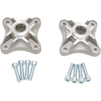 Two Yamaha Wheel Hubs Rear Standard 24 Spline 4/110 by Dura Blue, each with four bolt holes and steel inserts, are shown with two sets of four silver bolts on a white background.