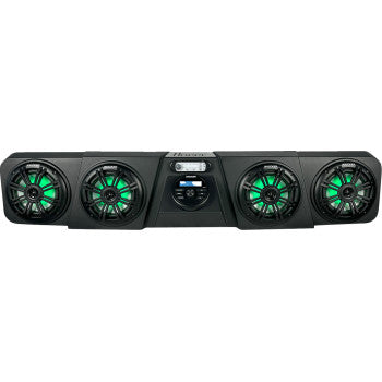 The Can-Am Audio Shade - RGB by Hoppe Industries is a black rectangular soundbar with four round speakers, each accented by green lighting, and a central control panel with buttons and a display for clear, vibrant LED-enhanced audio.