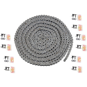The 520 MAX O Bulk Chain 25 Feet by RK is shown coiled at the center, with small chain links and connectors known for high tensile strength. Each set of parts is accompanied by visible orange packaging.