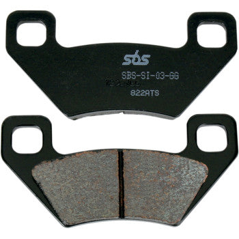 Black metal backing brake pads with gray friction material and SBS branding embossed on top piece.