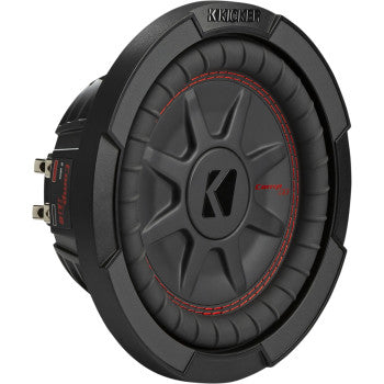 The 8" Subwoofer 300 by Kicker is black with a circular design, features a bold K logo in the center, red stitching, a durable Santoprene surround, and side terminals for easy wiring.