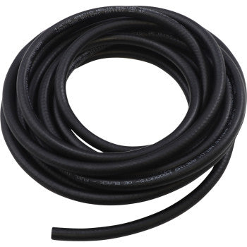 The Helix Fuel Line Black EFI 1/4" x 25' is a coiled black rubber hose with a smooth surface, neatly wound in a circular shape and featuring an ethanol-compatible end extending outward.