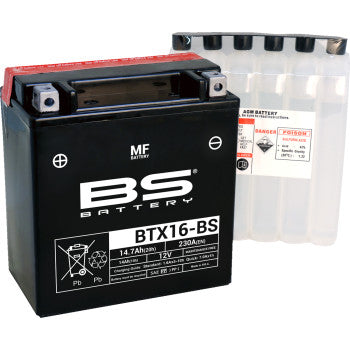 A Battery BTX16 BS (YTX) by Bs Battery is shown in front of a transparent six-compartment acid pack, with a sealed label displaying its model, voltage, and capacity.