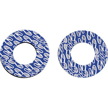 Two blue, flat, circular Grip Donutz Blue by Renthal gaskets with a white wrench-pattern and oval logo, each featuring a large central hole, are placed side by side on a white background for a clean, factory look.