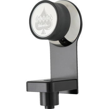 The Talon Phone Mount Steering Column by Klock Werks is a metallic and black wall-mounted bracket with a circular holder, featuring a spade symbol and "Hands" engraving—ideal as a steering wheel mount.