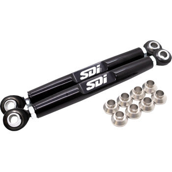 Two black Sway Bar Link Front rods by SDI with eyelet ends, plus ten silver bushings, are shown on a white background. Perfect for heavy-duty equipment or race-proven use.