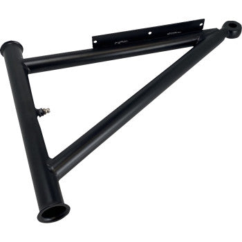 Black powder-coated steel A-arm suspension part with triangular frame and mounting points.