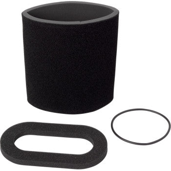 A Yamaha Replacement Air Filter by All Balls, including a black cylindrical foam filter, an oval foam gasket, and a circular rubber O-ring, is displayed on a white background—perfect as an OEM replacement.