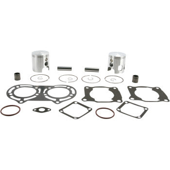 Two silver cylindrical pistons with flat tops, accompanied by black gaskets of various shapes and sizes, metal rings, and.