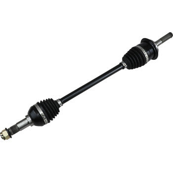 The Can Am Commander Axle Complete Heavy Duty Front Right by Demon is a black automotive drive shaft with joints and boots on both ends, designed for CV joint upgrades or portal gear lift compatibility in vehicles.