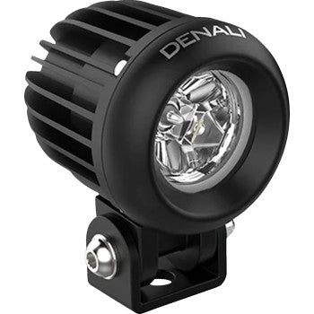 Compact black round LED motorcycle light with clear lens and finned heat sink, branded Denali.