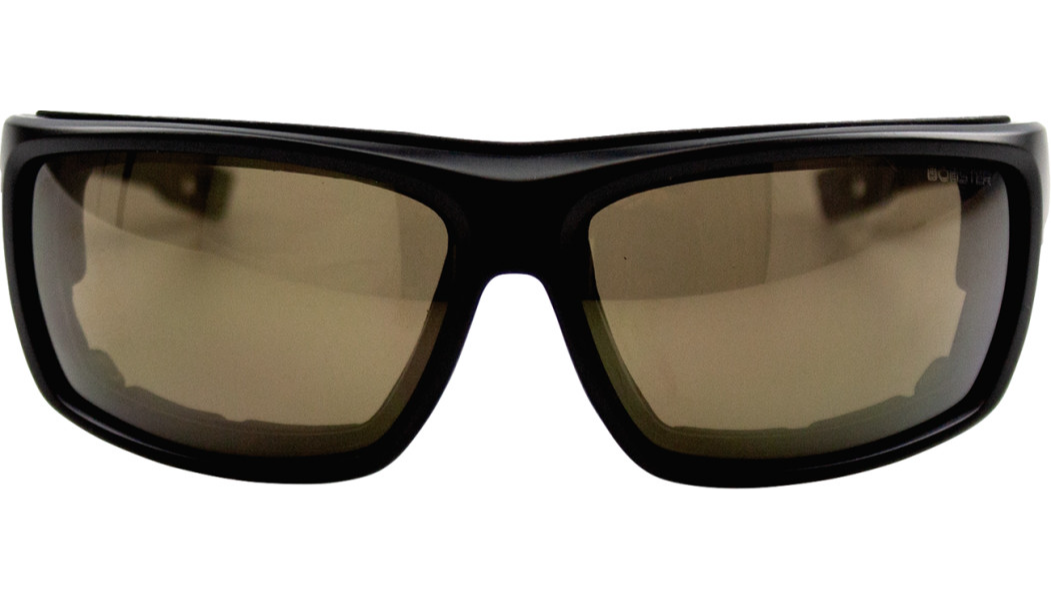 Matte black wraparound sunglasses with brown mirrored Revo lenses and a sleek, sporty frame.